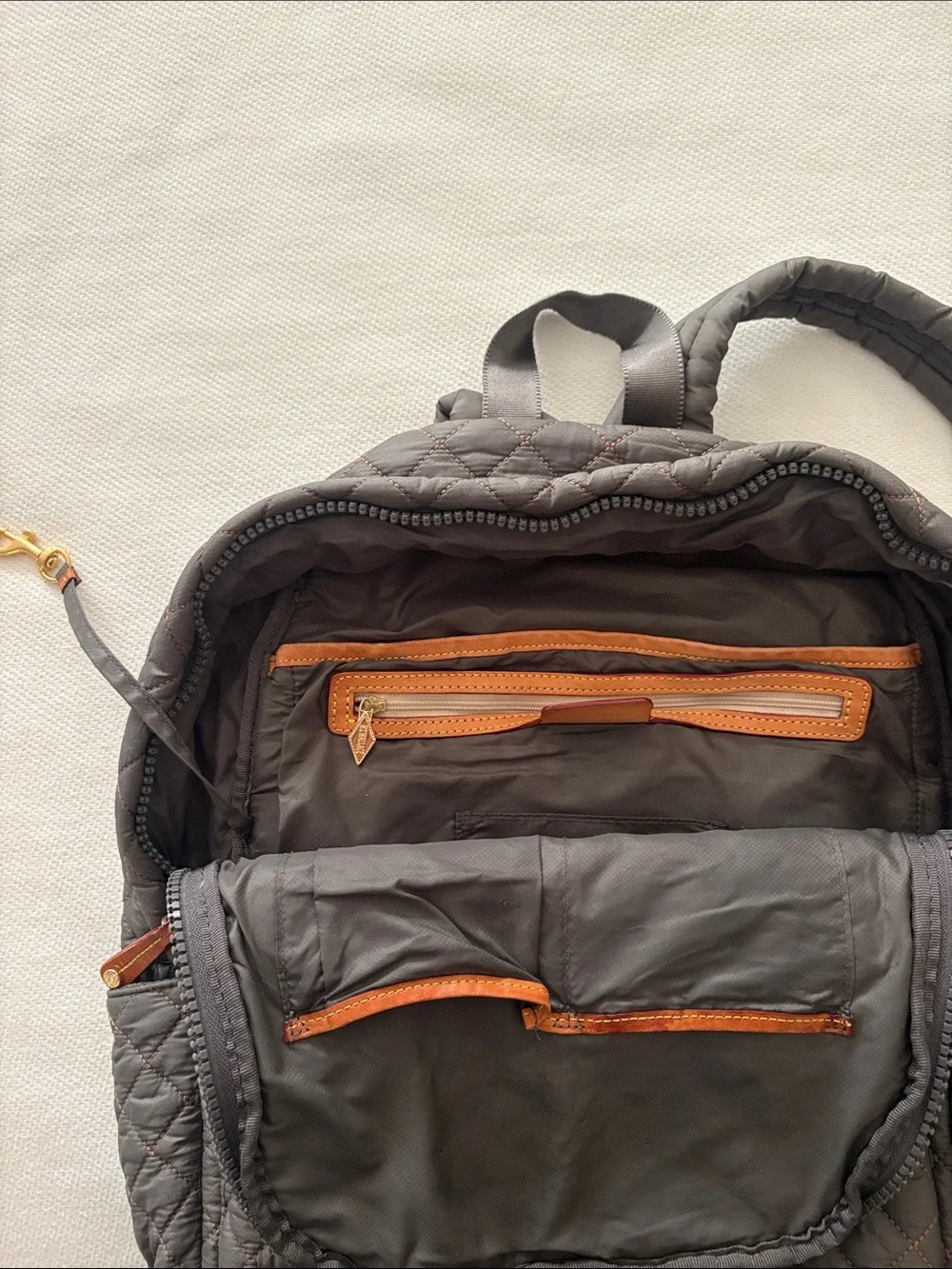 MZ Wallace Quilted Gray Nylon Backpack with Gold Accents